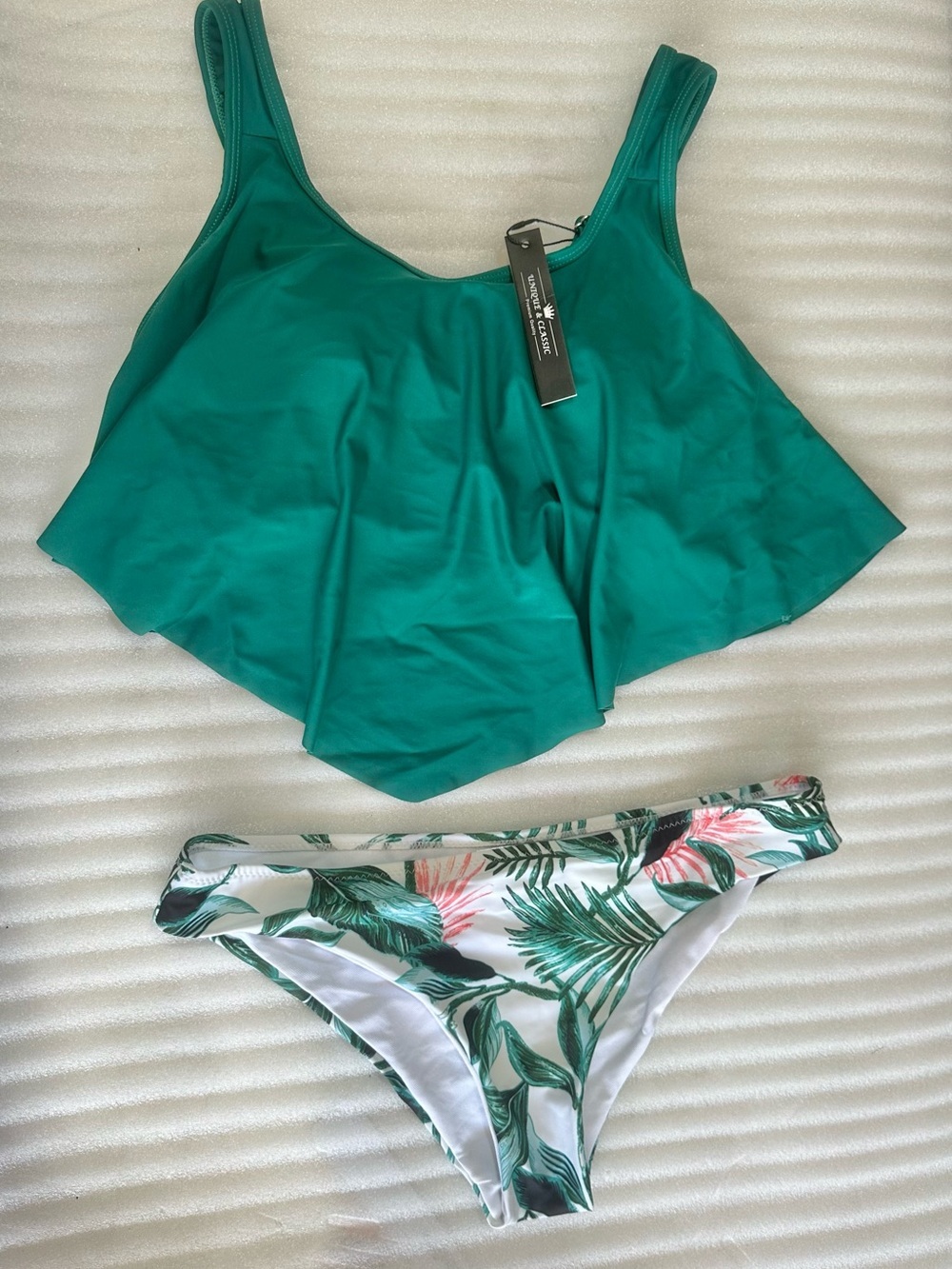 Green Flowy Tankini Top with Tropical Print Bikini Bottoms